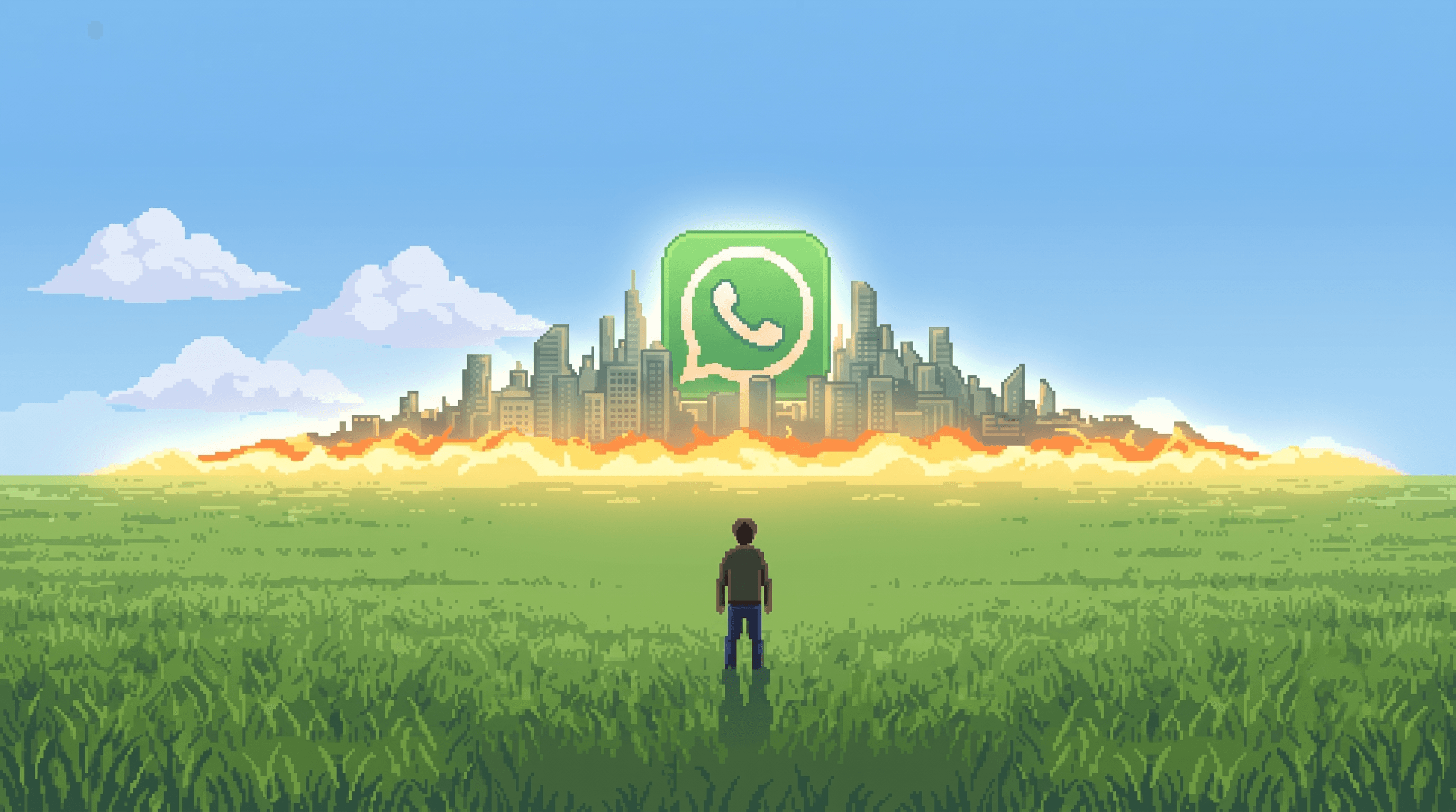 Pixel landscape with burning city and WhatsApp logo